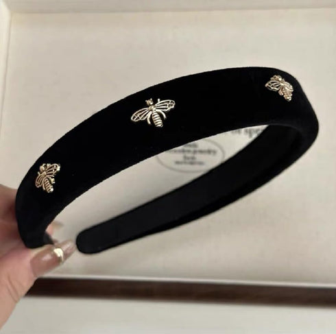 TERSE Black Velvet Headband for Women with White Pearl, Cute Designer Fashion Hair Accessories for Holiday