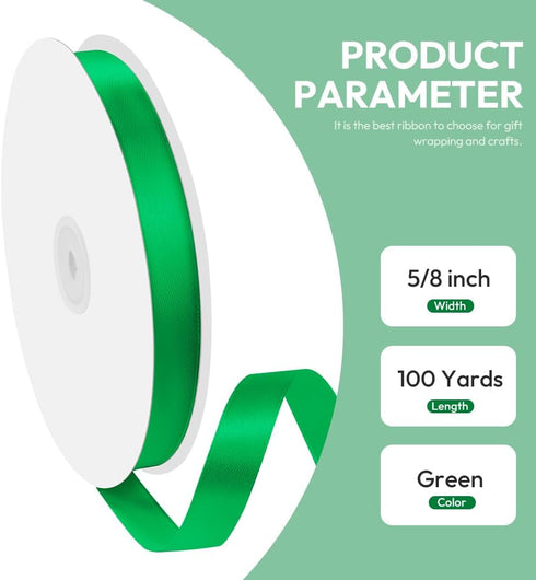 5/8" x 100 Yards Satin Ribbon - Green Silk Ribbon with Spool for Gift Wrapping, Crafts, Wedding Decorations