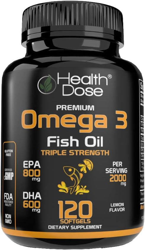 Omega 3 Fish Oil 2000mg – Lemon-Flavored Softgels with EPA 800mg & DHA 600mg for Brain, Heart, Wellness Support