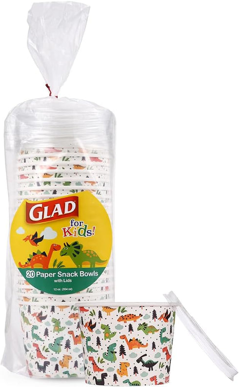 Glad for Kids Dinosaur Party Supplies, Heavy Duty Disposable Paper Snack Bowls with Lids, 12 Ounce - 20 Count