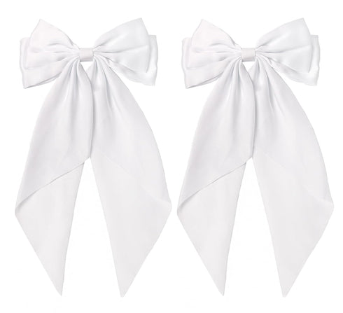 White Hair Bow for Women - 2pcs Large Satin Hair Bows for Hair Clips with Long Tail
