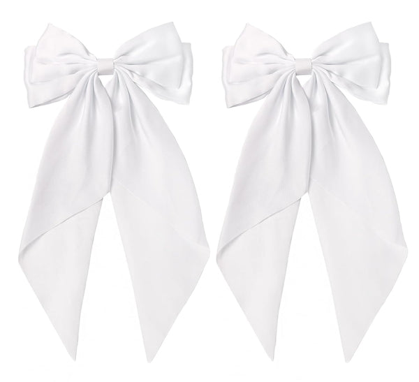 White Hair Bow for Women - 2pcs Large Satin Hair Bows for Hair Clips with Long Tail