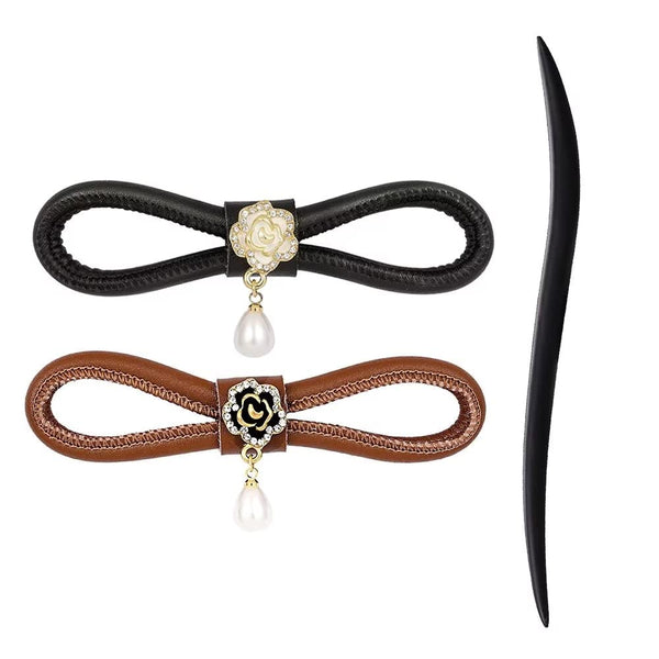 Leather Hair Barrettes for Women, French Hair Clip with Wooden Hair Stick, Camellia Flower Clip (S)
