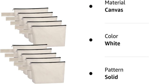 10 Pieces Cotton Canvas Makeup Bag with Bottom and Strap, Multi-Purpose Cosmetic Bag with Zipper Travel Toiletry Pouch, Blank DIY Craft Bag Pencil Bag (White, XS) (MN-WB07)