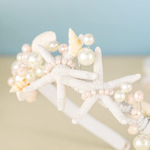Unicra Silver Starfish Headband, Silver Pearl Bridal Hair Band for Beach Wedding Accessories