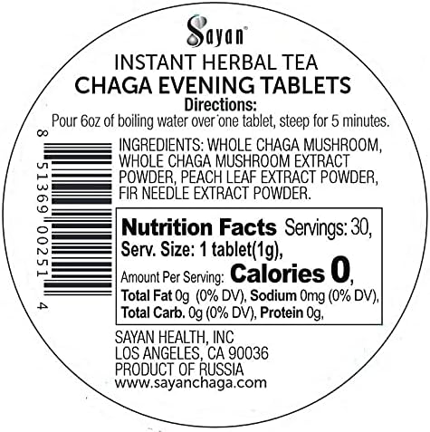 Sayan Siberian Evening Instant Chaga Mushroom Tea with Peach Leaf & Fir Needle Extract (30 Pcs) - Wild-Harvested