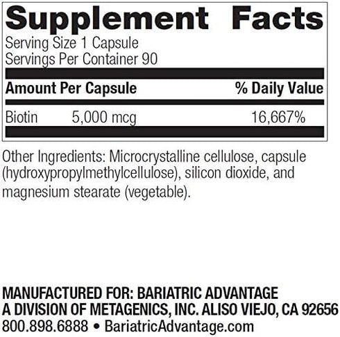 Bariatric Advantage Biotin 5,000 mcg - for Bariatric Surgery Patients - Easy-Digest Mini Capsules - Biotin Supplement - Hair, Skin & Nails Support* - 90 Count