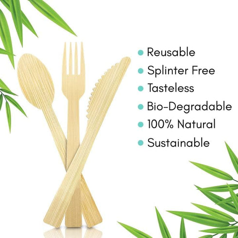 Bamboo Utensils - Natural Disposable Wooden Cutlery for Party, Eating, Camping, Picnic, Wedding, Birthday - Eco-Conscious Plant-Based Compostable Spoons - Box of 24 Pieces