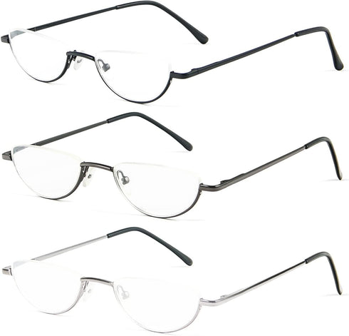 REAVEE 3-Pack Retro Designer Alloy Half Moon Reading Glasses, Stylish Slim Readers with Pouch, Black, Grey, Silver
