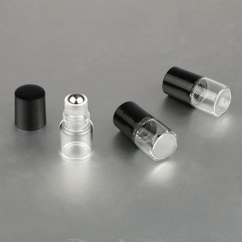 Wresty 25 Pcs Clear Glass Mini Roll On Bottles, Empty Essential Oil Roller Ball Bottles with Black Cap (1ml)