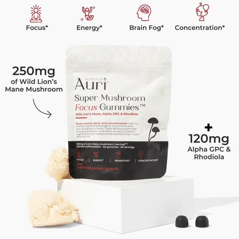Auri Super Mushroom Focus Gummies - 60 Vegan Friendly Gummies with Lion's Mane, Alpha GPC & Rhodiola for Cognitive