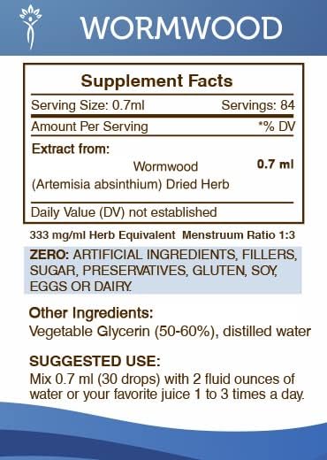 Secrets of the Tribe Wormwood Alcohol-Free Liquid Extract, Wormwood (Artemisia Absinthium) Dried Herb Tincture (2 FL OZ)