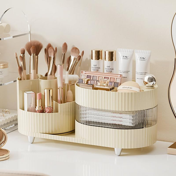 Rotating Makeup Organizer for Vanity - 3 Layer Storage with Brush Holder and Drawer for Cosmetics