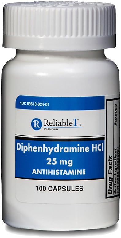 Diphenhydramine 25 mg Generic Allergy Medicine, Antihistamine - 100 Capsules per Bottle, Pack of 2