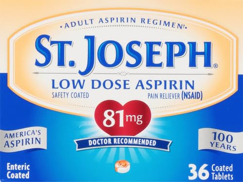St. Joseph Aspirin Pain Reliever (NSAID) 81mg, Enteric Safety Coated, Adult Low Dose Regimen, 36 ct