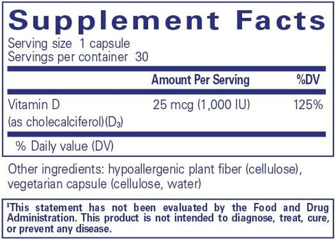 Pure Encapsulations Vitamin D3 25 mcg (1,000 IU) - Supplement to Support Bone, Joint, Breast, Heart, Colon & Immune Health - with Premium Vitamin D - 30 Capsules