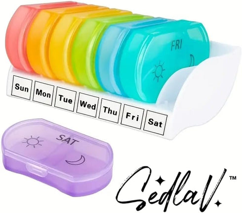 SEDLAV 7-Day Weekly Pill Organizer for Purse - AM/PM Pill Boxes, Travel Container, Pill Case, Small Size - Vitamins