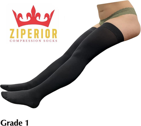 Ziperior 15-20 mmHg Closed Toe Thigh High Compression Wide Leg Inside Zipper