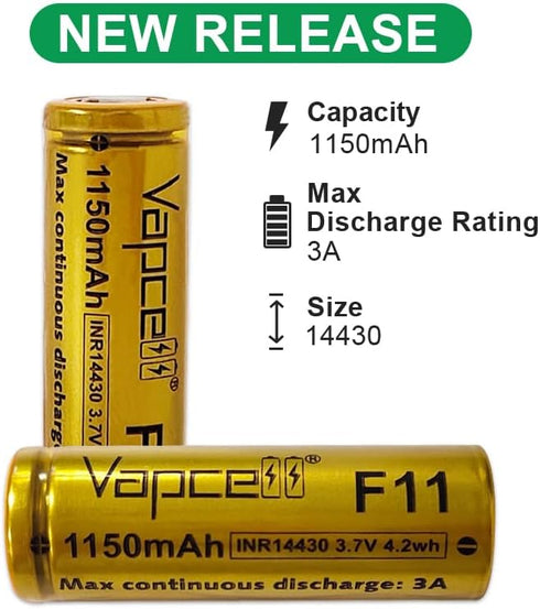 2 Pack F11 14430 1150mAh 3A 3.7V Flat Top Rechargeable Batteries