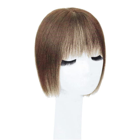 Middle Part Silk Base Human Hair Topper, 7x10cm Clip in Hairpiece with Wispy Fringe, Medium Brown