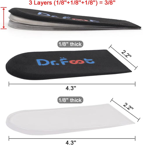 Dr.Foot Adjustable Orthopedic Heel Lift Inserts - Height Increase Insole for Heel Pain, Black, 3 Layers