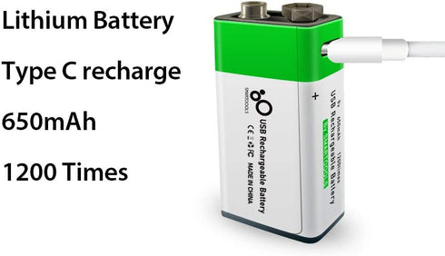 USB 9V Lithium Ion Rechargeable Battery, High Capacity 650mAh, 1.5 H Fast Charge, 1200 Cycle, 2-Pack