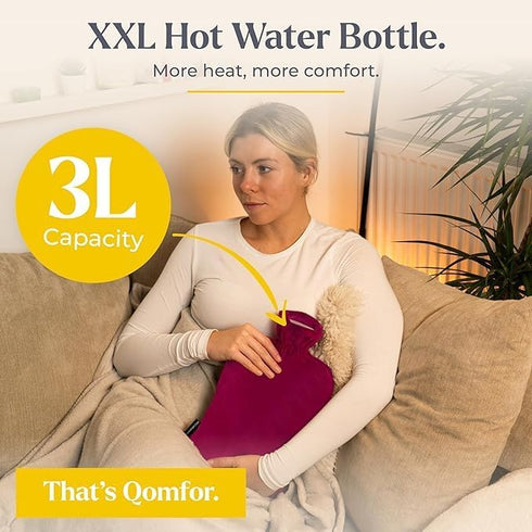 Qomfor 3L Hot Water Bottle - with Soft Premium Fleece Cover - Burgundy, - Heating Pad for Menstrual Cramps and Period