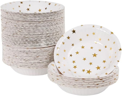 50pcs Gold Stars Disposable Paper Bowls, 20oz Large Decorative Serving Bowls for Wedding & Birthday Parties