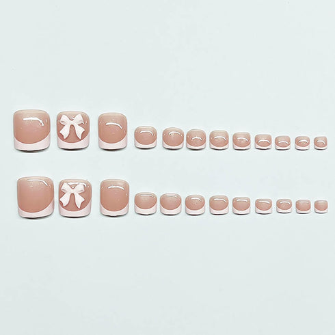 Square Fake Toenails Glossy French Press on Toenails - Nude Pink Short Acrylic False Toes Nails with 5D Bow Designs, 24