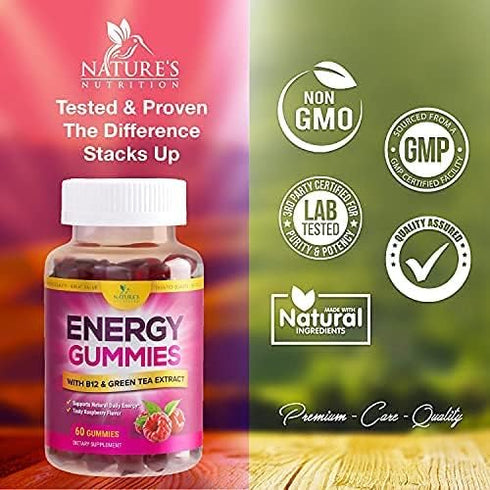 Energy Gummies Vitamin B12, Green Tea & Natural Caffeine, 1000 mcg Daily Energy, Raspberry Flavor, 60 Gummies