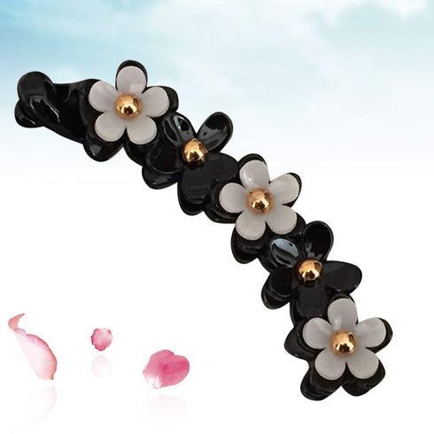 Lurrose Toothed Banana Hair Clips for Women Girls, Strong Tension Ponytail Holder, Black Flower Barrette