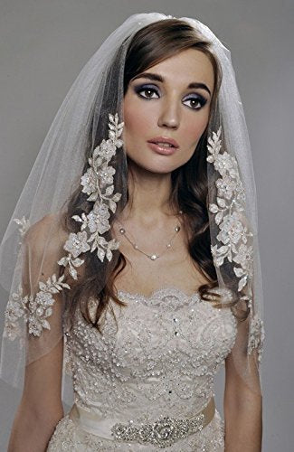 Kercisbeauty Wedding Bridal Lace Veil with Hair Comb, Double Layer Appliques Edge, Ivory