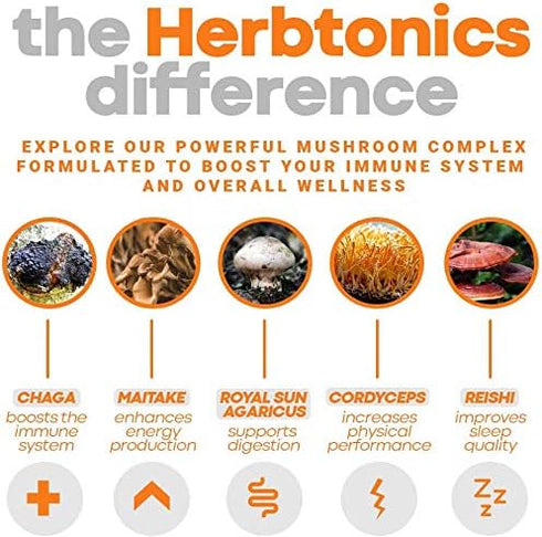 Herbtonics Mushroom Nootropic Supplement Complex, Immune System Support & Brain Function, 120 Vegan Capsules