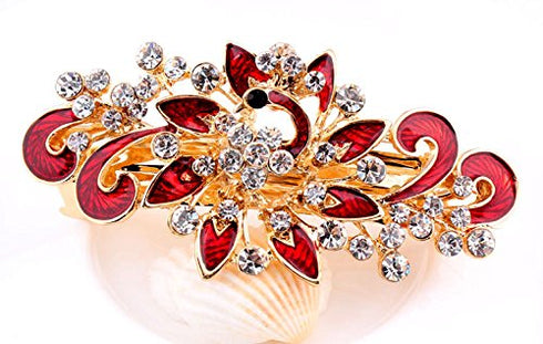 Women's Multilayered Peacock Shaped Rhinestone French Barrette Hair Clip - Red