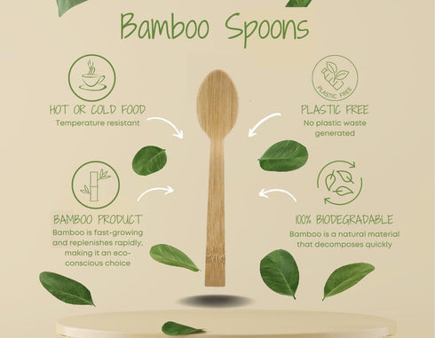 Bamboo Disposable & Compostable Spoons, 6.7" Eco-Friendly Utensils, 100 Pack Biodegradable Spoons