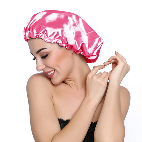 Stain Bonnet Silky Sleep Cap, Adjustable Satin Cap for Night Sleeping, Reversible Double Layer Rose/Beige