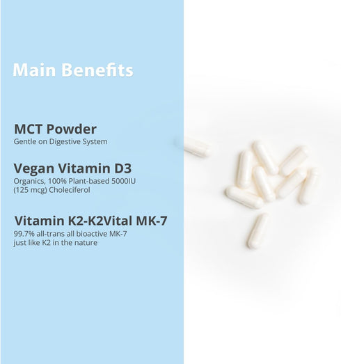 Vitamin D3 K2 with MCT, 5000 IU Vegan D3 & 100 mcg MK7 K2, 30 Capsules for Strong Bones and Immune Health