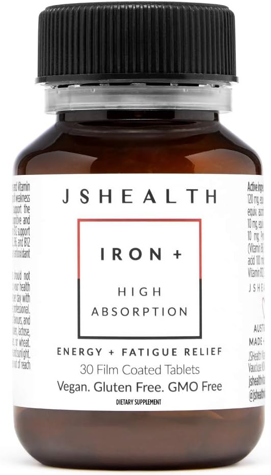 JSHealth Vitamins Iron+ Supplement for Energy Support, 30 Tablets with Vitamin C and Vitamin B12, No Nausea