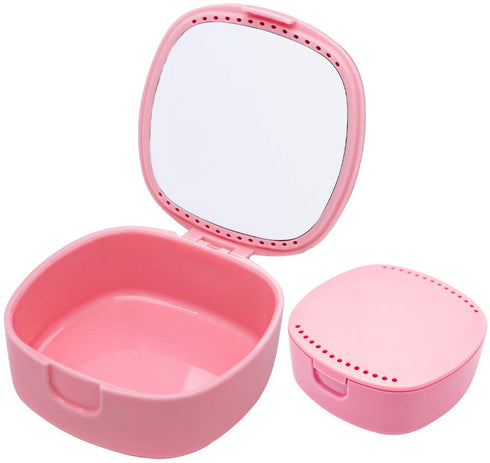 Retainer Case with Mirror and Ventilation Holes for Night Guards, Aligner Trays, Mouth Guard, Denture Case (Pink)