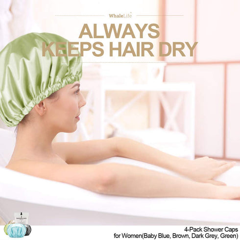 Reusable Extra Large Shower Cap for Women - 4 Pack Satin Double Layer EVA Waterproof Long Hair Caps (Baby Blue, Brown,