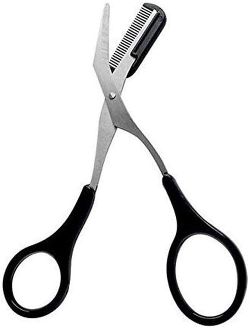 Professional Precision Eyebrow Trimmer Scissors with Comb, Black Silver Tone, Grooming for Men Women.
