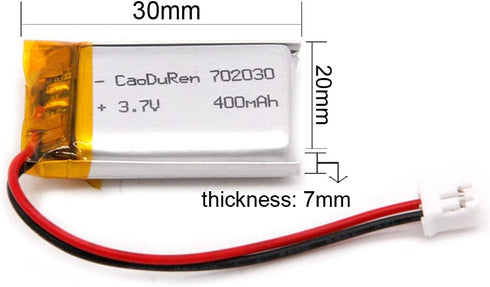 MSDS Verified Part Number: 702030, Rechargeable 3.7V 400mAh Li Lipo Lithium Polymer Ion Battery Pack with 2 Pin 2.0mm JST Connector