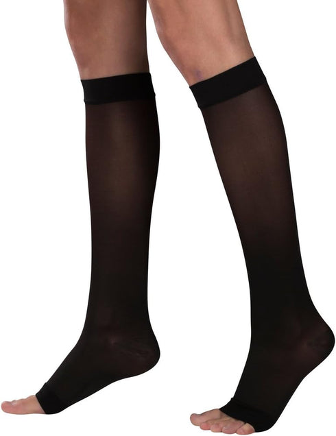 Truform Sheer Compression Stockings, 15-20 mmHg, Women's Knee High Length, Open Toe, Black, Large