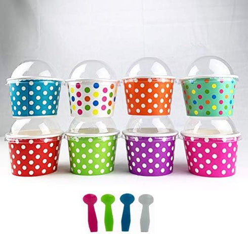 Worlds Paper Ice Cream Cups with Dome Lids - No Hole and Plastic Spoons, Polka Dot 4oz Mix 25 Set