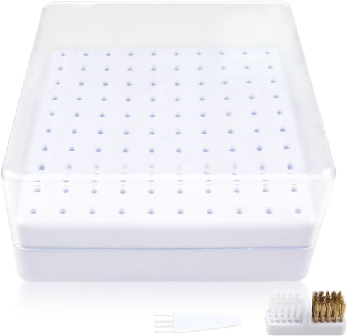 Nail Drill Bits Holder & Cleaning Brush, 100 Holes Dustproof Display Storage Box for Nail Tech (White)