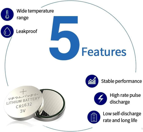 Cotchear 5pcs/Pack CR1632 Button Battery - 3V Lithium Coin Cell Batteries for Electronic Watch Remote