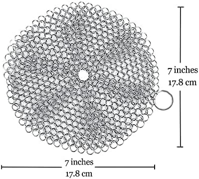 Vila 7 Inches Diameter Cast Iron Scrubber, Round 316 Premium Stainless Steel, Flexible Chainmail Scrubber