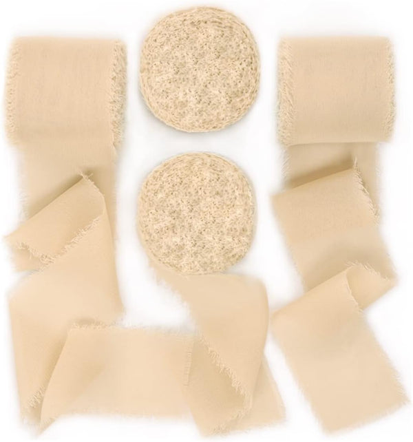 Socomi Champagne Handmade Fringe Chiffon Silk Ribbon - 1-3/4" x 7Yd, 4 Rolls for Wedding Invitations