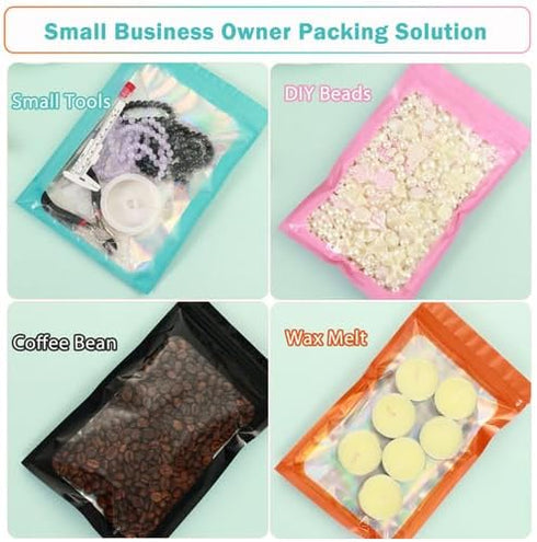 350 Pcs-Holographic Bags with Front Window, 4x6 Inch Reclosable Ziplock Packing Bags, White Mylar Bags Ideal for Food Storage & Jewelry Smell Proof, Resealable