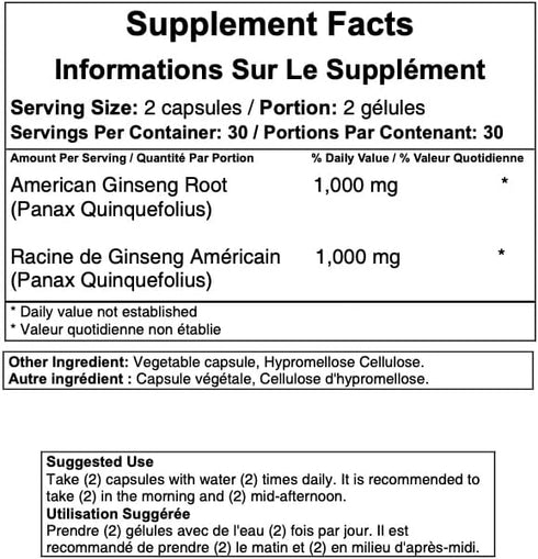 100% Pure Wisconsin American Ginseng Capsules - 500mg Authentic Panax Quinquefolius, No Fillers or Additives